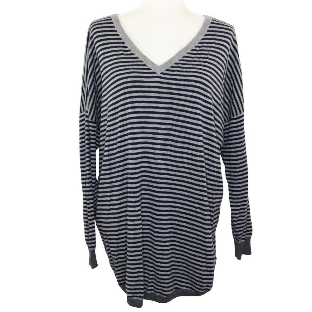 Joie Sweater Black Gray Striped V-Neck Pullover Lightweight Soft